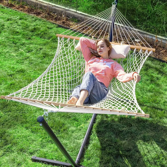 Double Rope Hammock with Stand Included, 12ft Heavy Duty Stand, 2 Person Traditional Cotton Rope Hammocks with Pillow for Outsid
