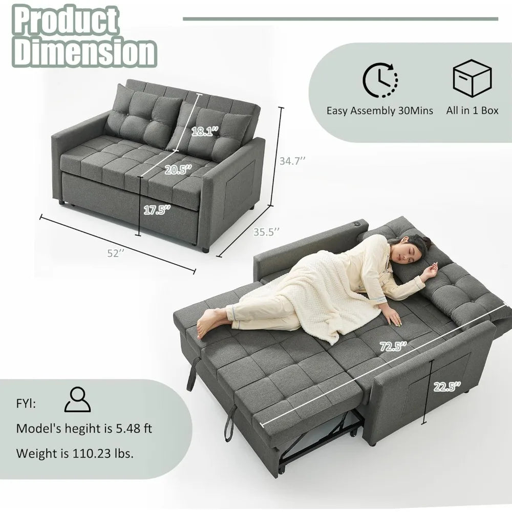 Convertible Sleeper Sofa With Adjustable Back And Pocket