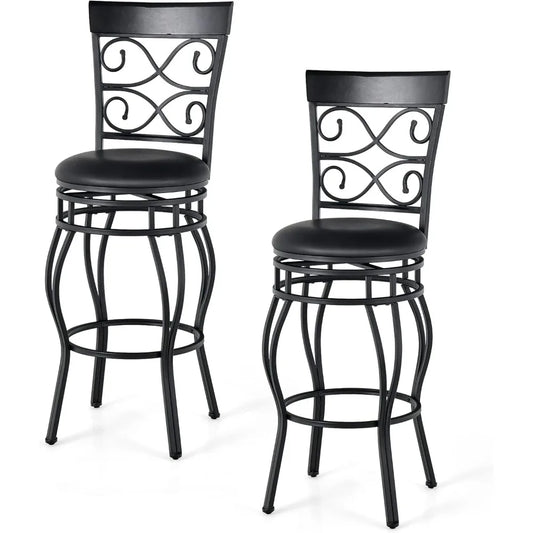 Set of 2 Leather Padded Bar Stools With 360 Swivel