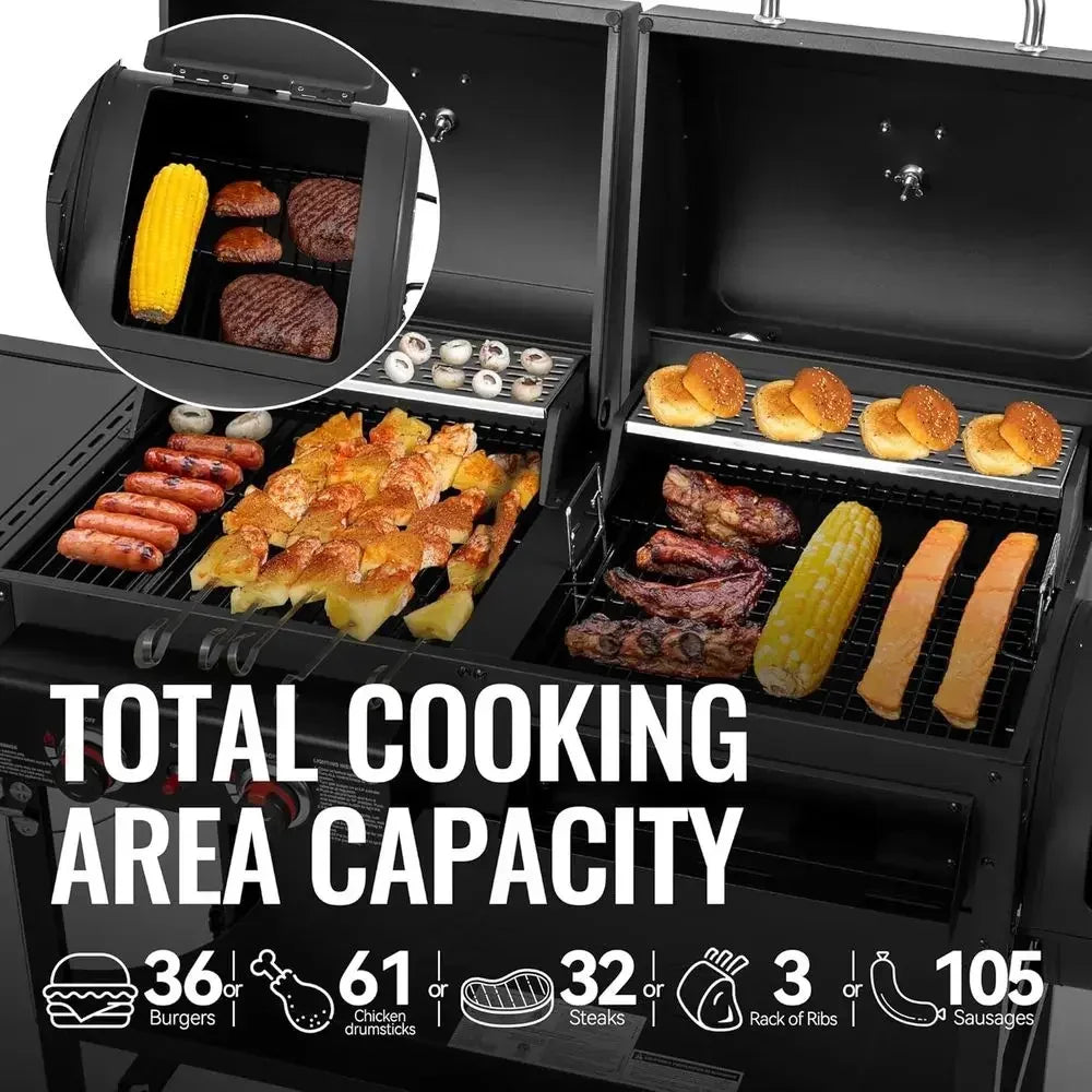 4-in-1 Dual-Fuel Gas & Charcoal Grill with Smoker & Side Burner