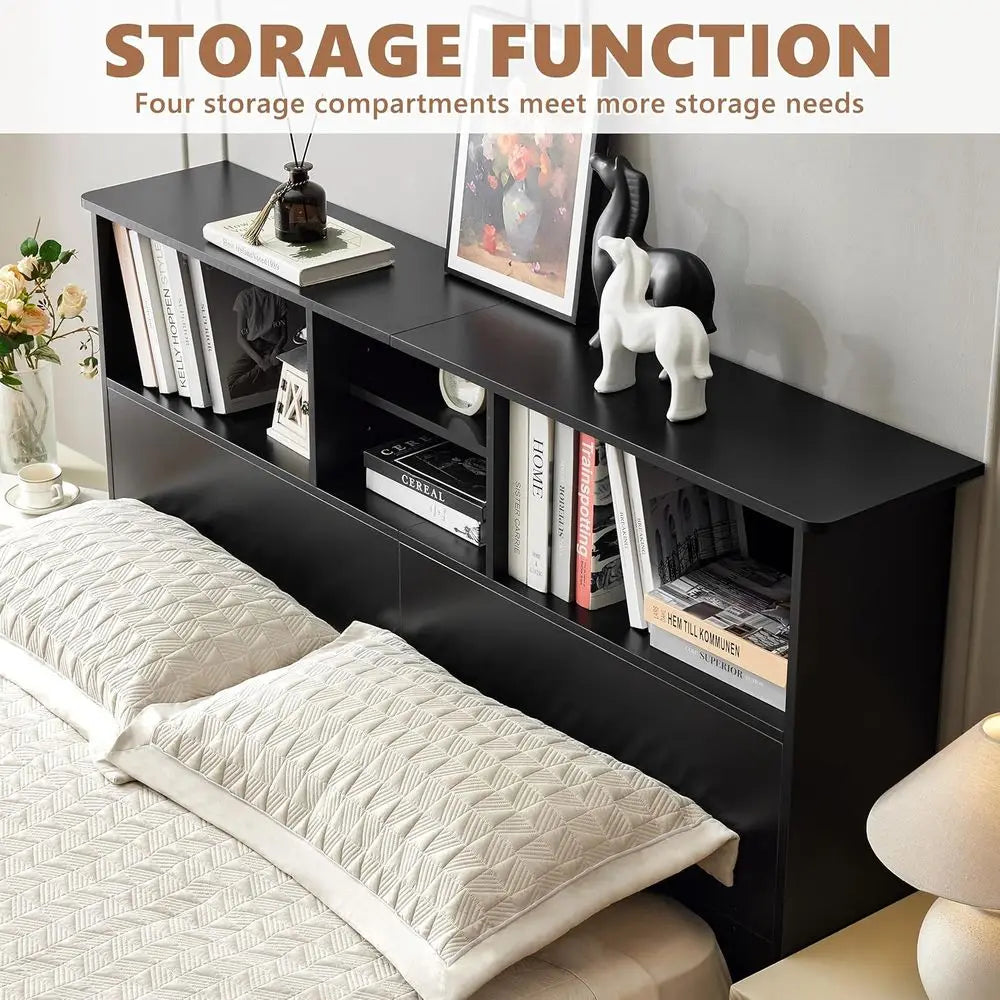 Wood Headboard With Storage And Adjustable Shelves With Four Compartments
