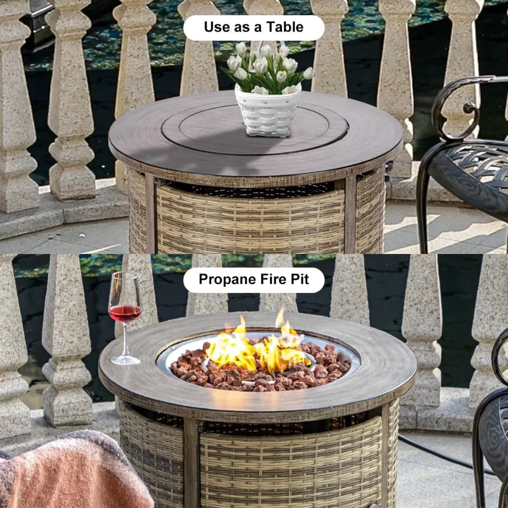 Propane Fire Pit Table In Wicker For Outdoor Patio Use