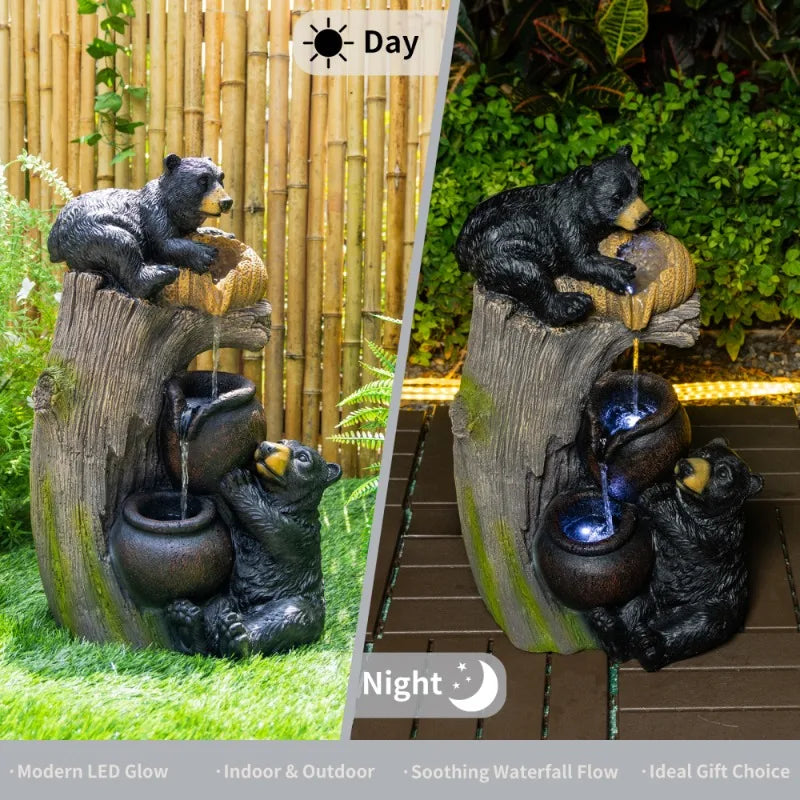 Bear Shaped Outdoor Fountain With LED Lights And Tiered Design