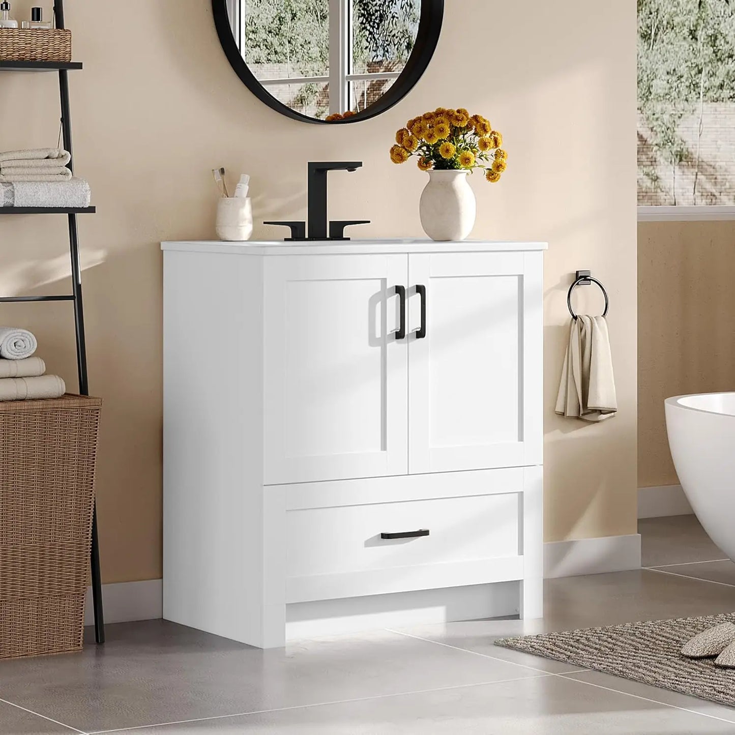Freestanding Bathroom Vanity With Ceramic Basin And Soft Closing Doors
