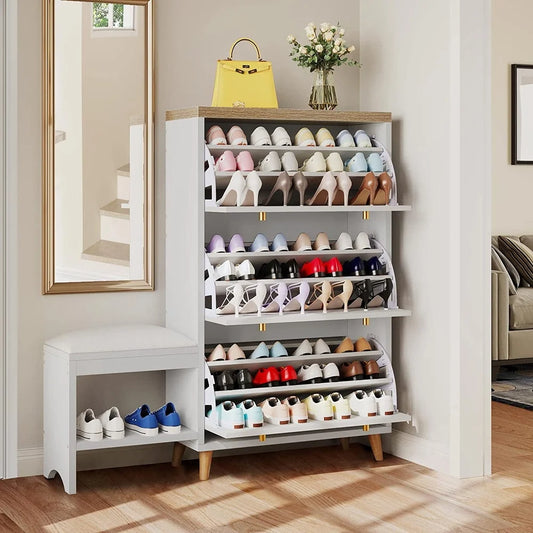 Modern Flip Drawer Shoe Cabinet With Bench And Adjustable Storage