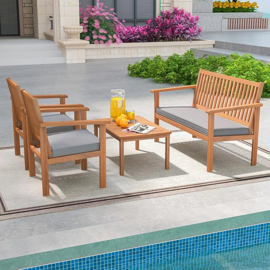 Acacia Wood Patio Sofa Set With Coffee Table And Cushions