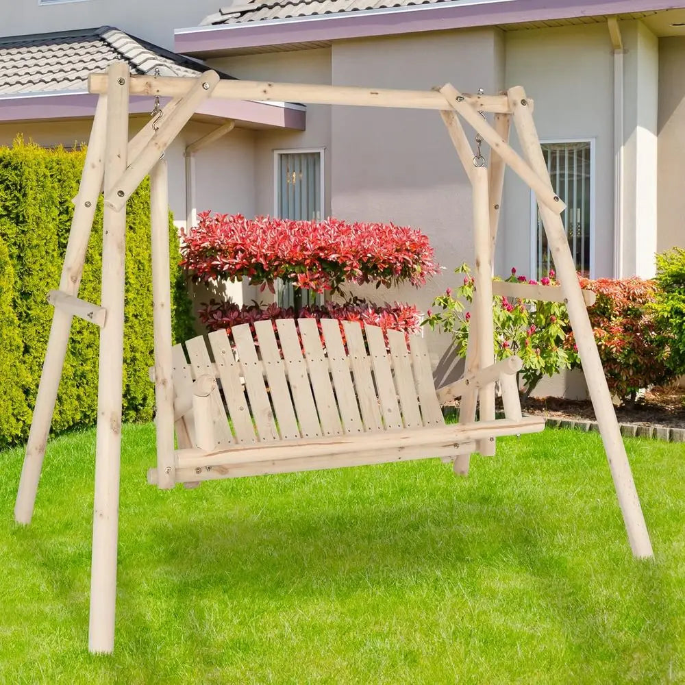 Natural Wood A-Frame Porch Swing with 2-Person Bench