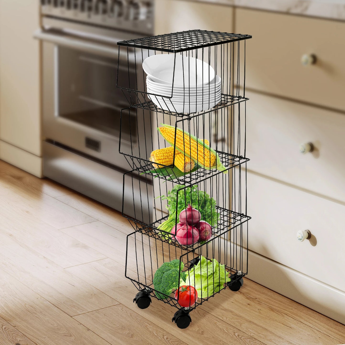4-Tier Fruit Basket Stand with Wheels for Easy Storage