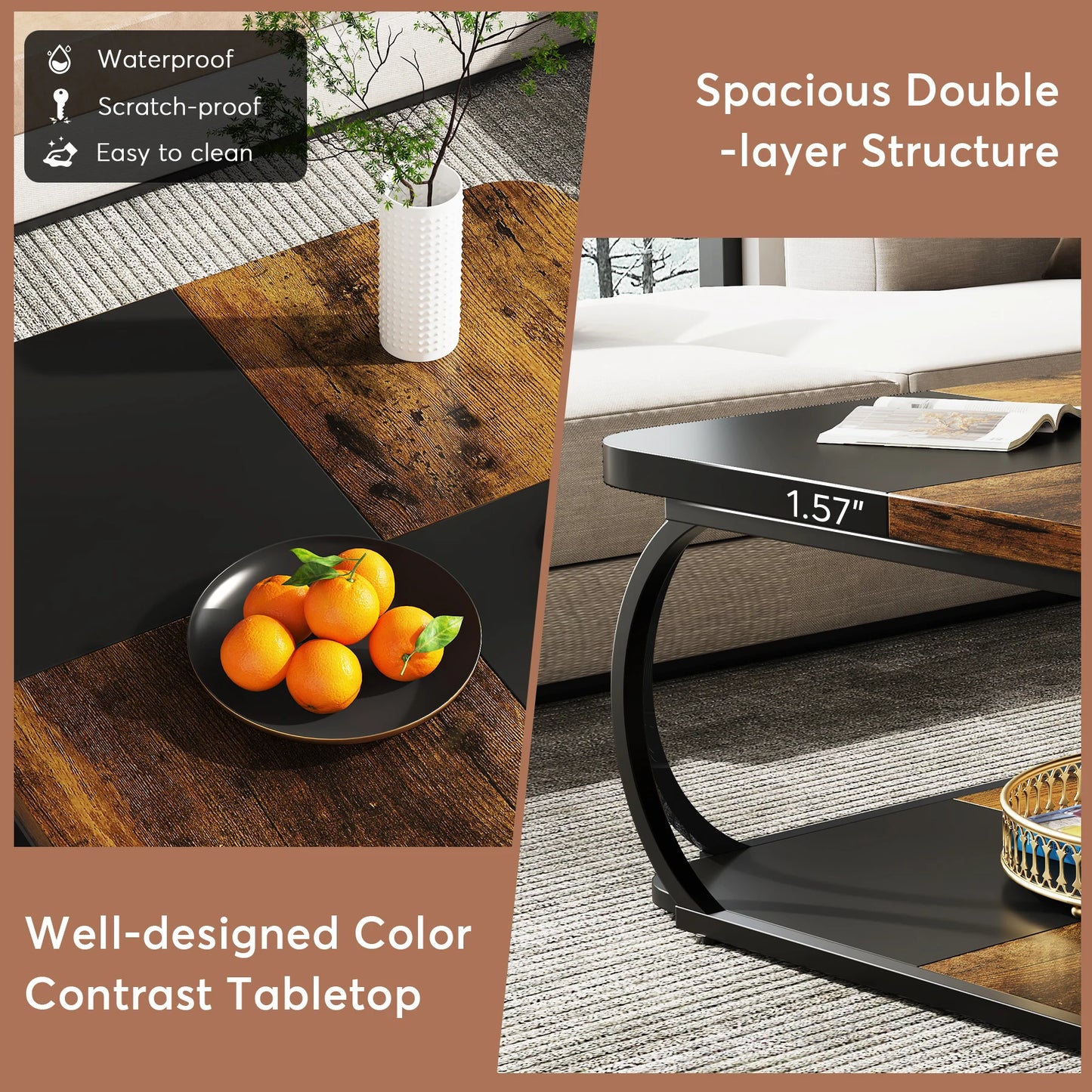 Tribesigns Square Farmhouse Coffee Table With Two Tier Storage Shelf
