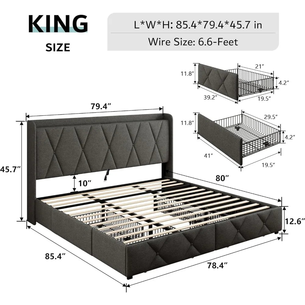 Upholstered Wingback Platform Bed With Storage Drawers And USB Charging