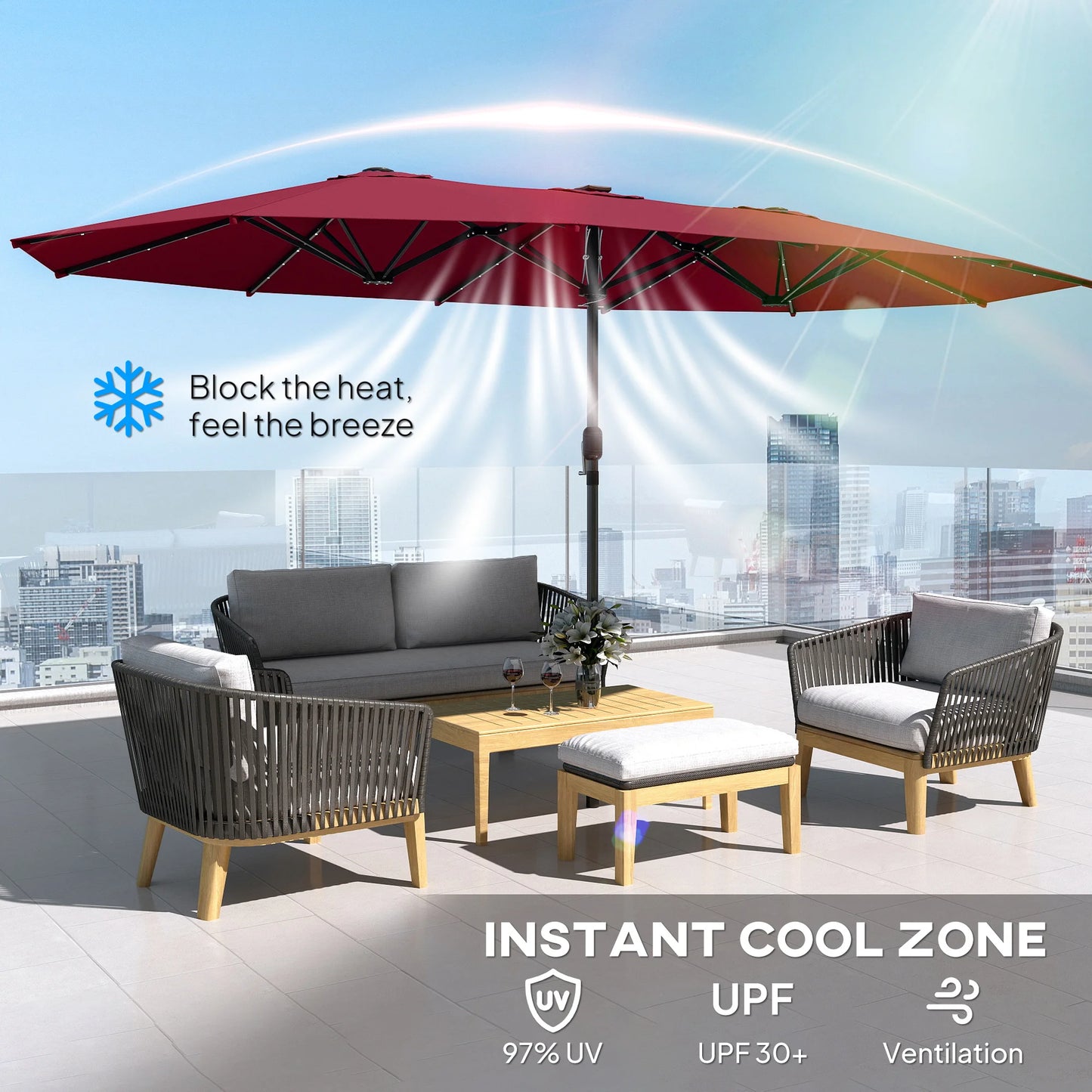15-Foot Double-Sided Solar LED Patio Umbrella – Wine Red