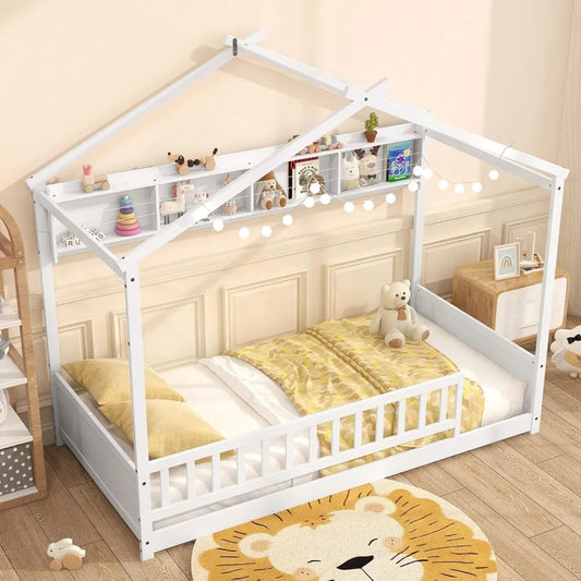 Giantex Floor Bed With Storage Shelf Headboard And Guardrail