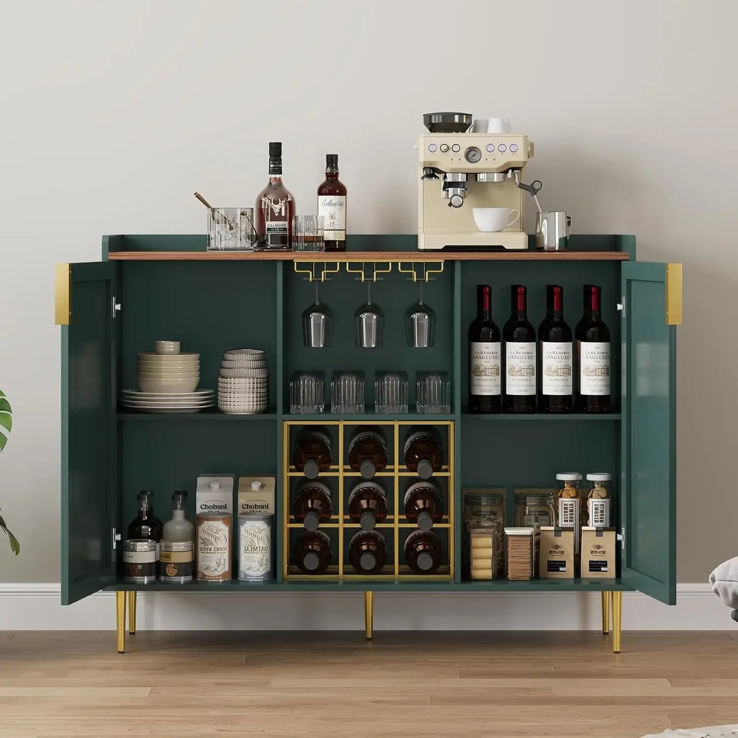 Modern Fluted Wood Wine Bar Cabinet With Glass Holder