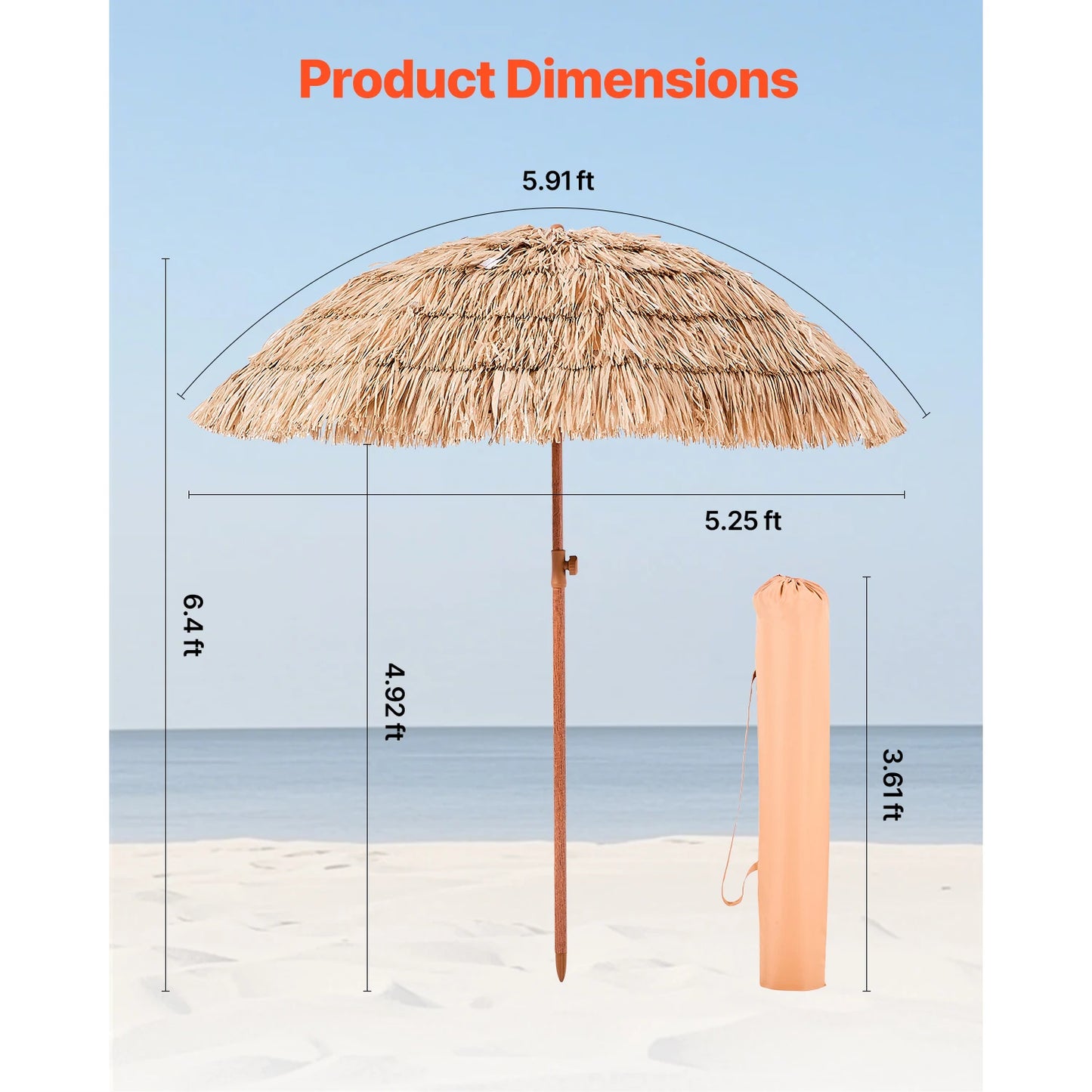 SucceBuy Tiki Umbrella Thatched Patio Umbrella with Durable PP Thatch and Metal Ribs Grass Pool Umbrellas for Beach Garden Patio