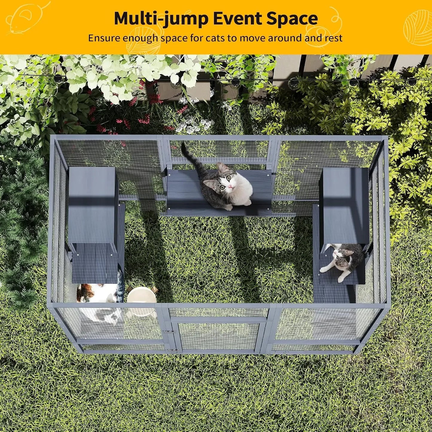 Wooden Outdoor Cat Enclosure With Waterproof Roof And Platforms