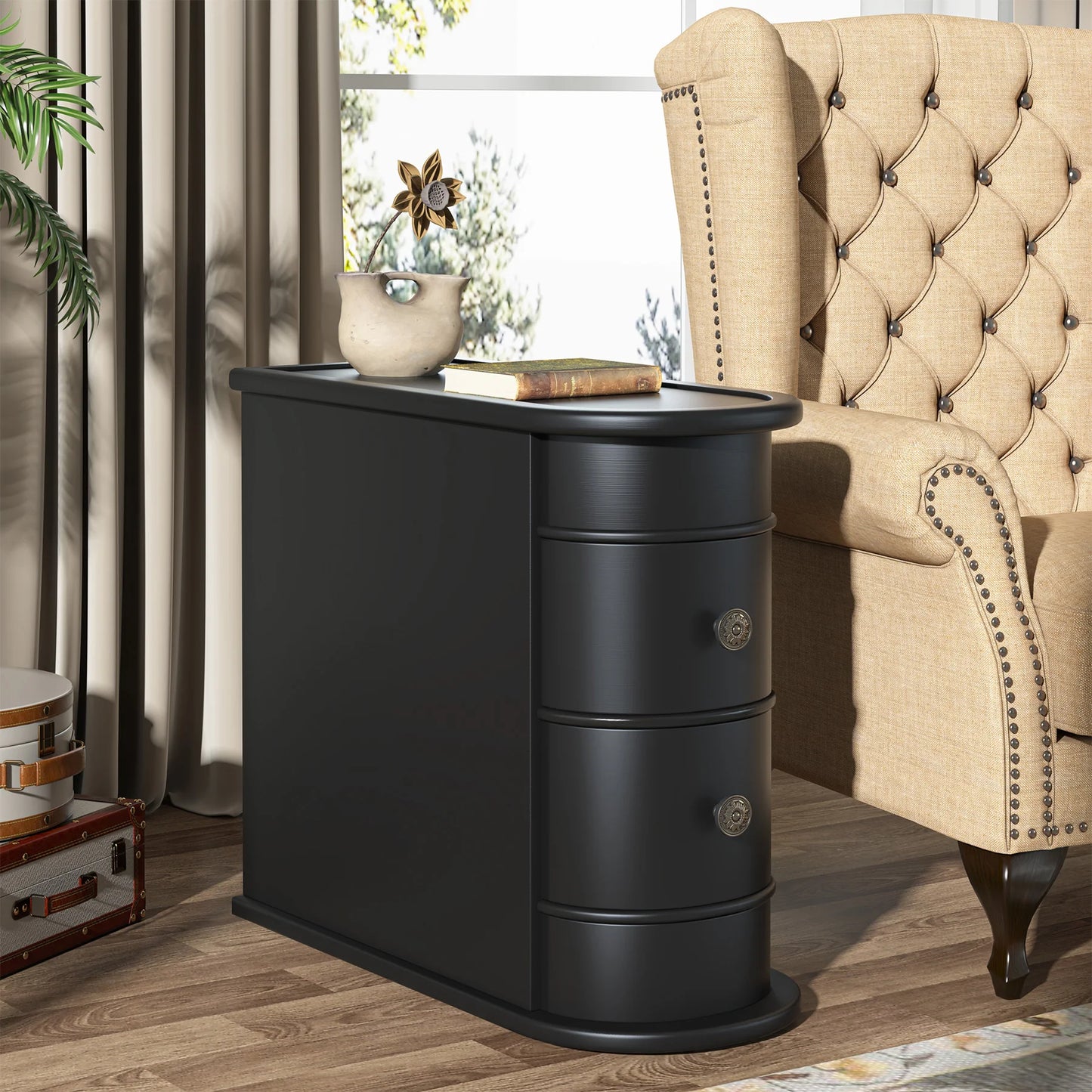 Tribesigns Round Solid Wood End Table With Drawer Nightstand
