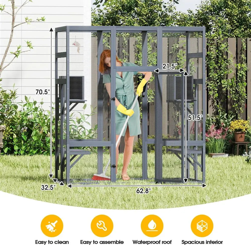 Wooden Outdoor Cat Enclosure With Waterproof Roof And Perches
