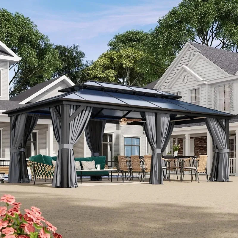 Hardtop Aluminum Gazebo With Curtains Netting And Outdoor Polycarbonate Roof
