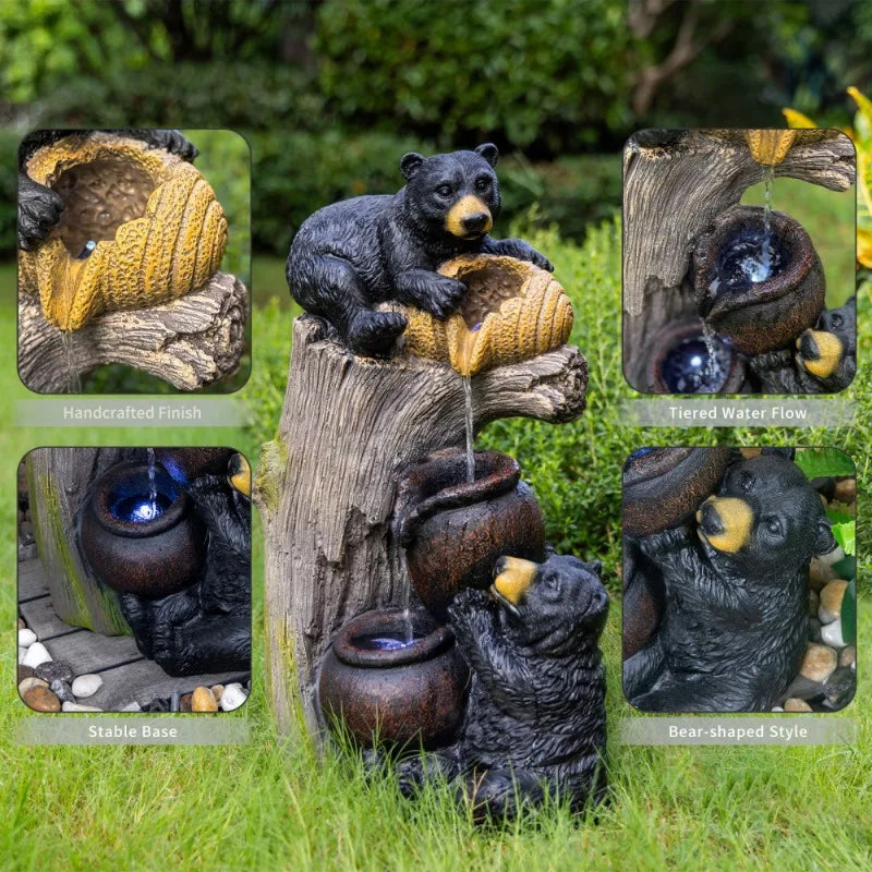 Bear Shaped Outdoor Fountain With LED Lights And Tiered Design