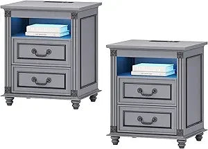Nightstand With Charging Station And LED Lighted Drawers