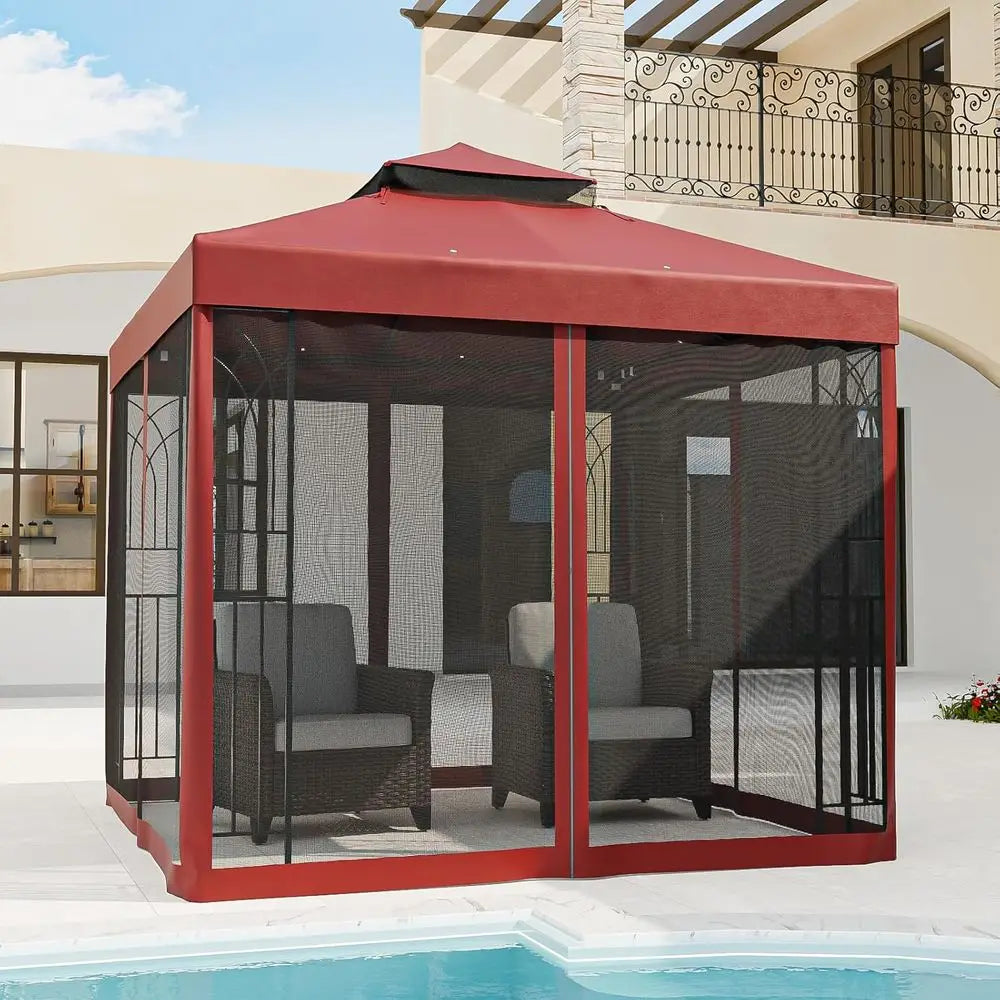 8' x 8' Outdoor Patio Gazebo with Mesh Netting & Built-In Corner Shelves