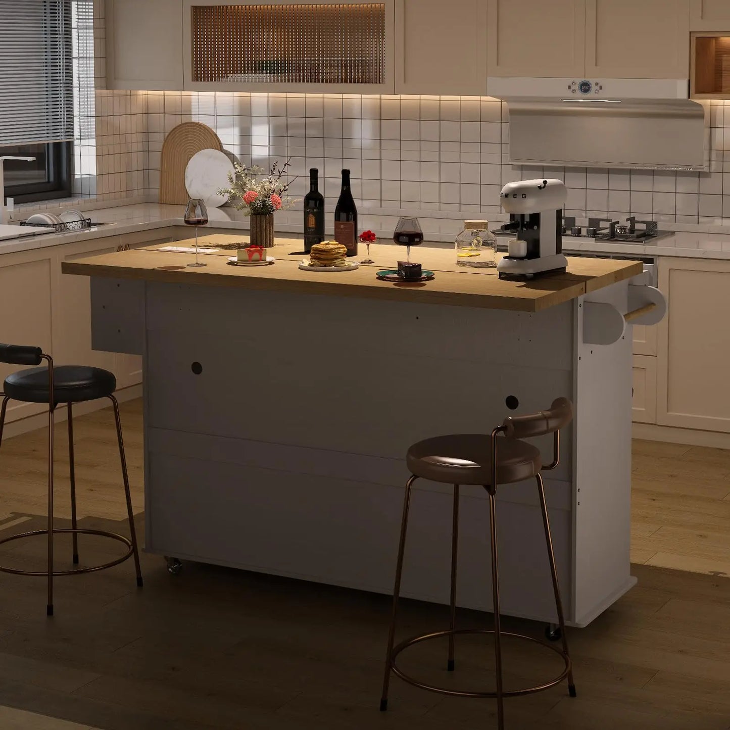 Mobile Kitchen Island With Drop Leaf Trolley And Power Outlet