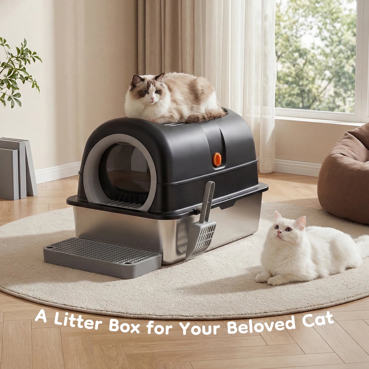 Stainless Steel Enclosed Cat Litter Box With Scoop And Mat
