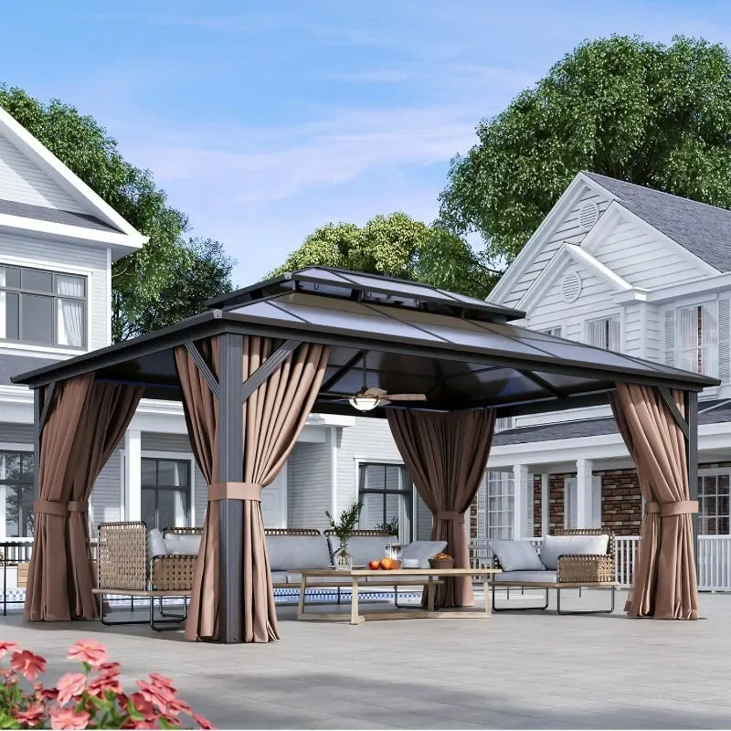 Hardtop Aluminum Gazebo With Curtains Netting And Outdoor Polycarbonate Roof