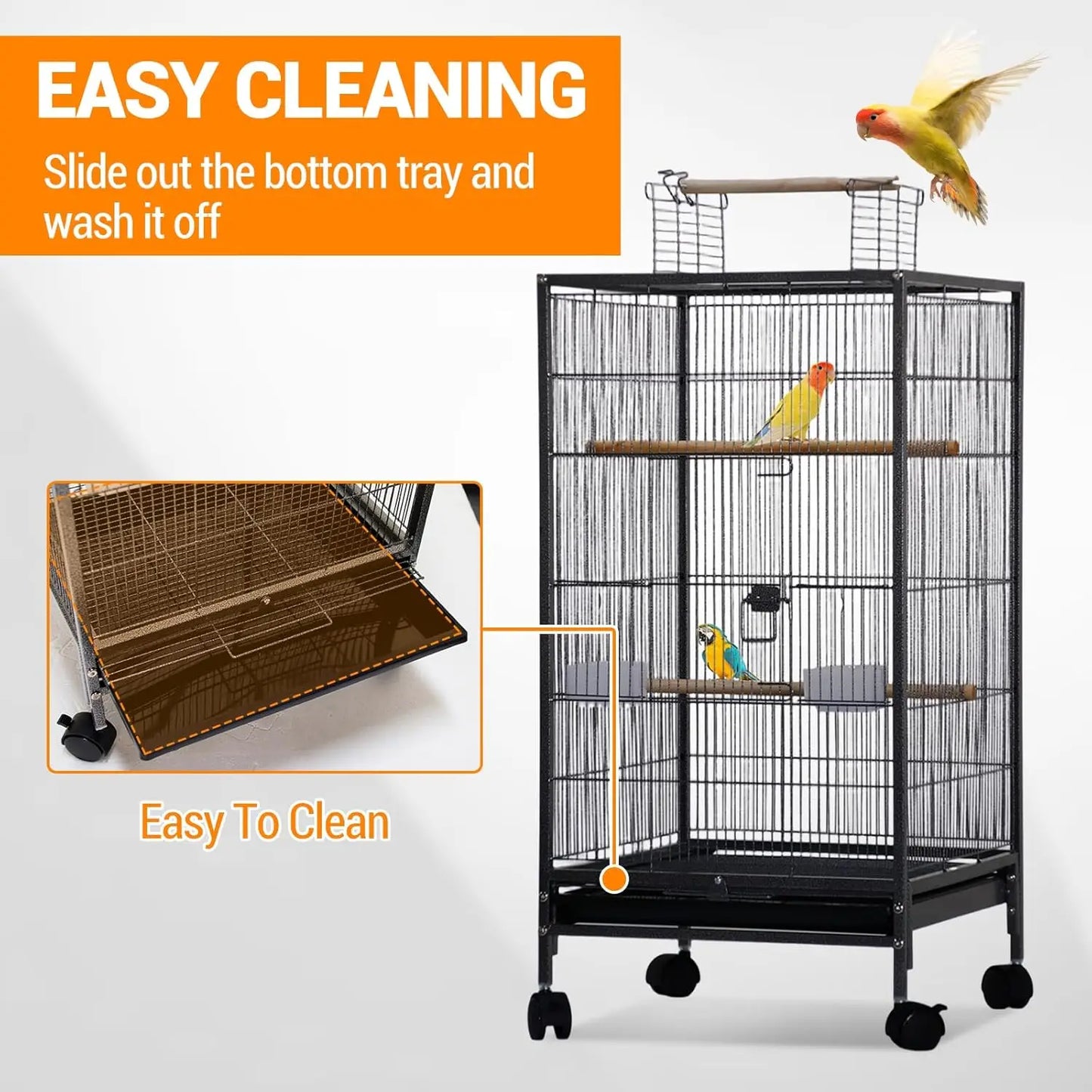 Wrought Iron Bird Cage With Rolling Stand Open Top Tray