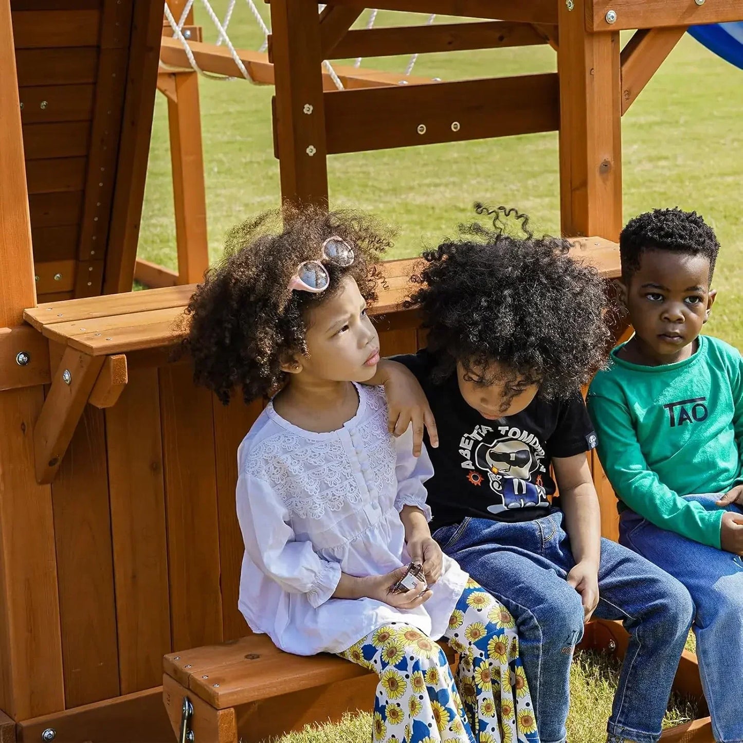 Wooden Backyard Swing Set With Plank Bridge And Monkey Bars