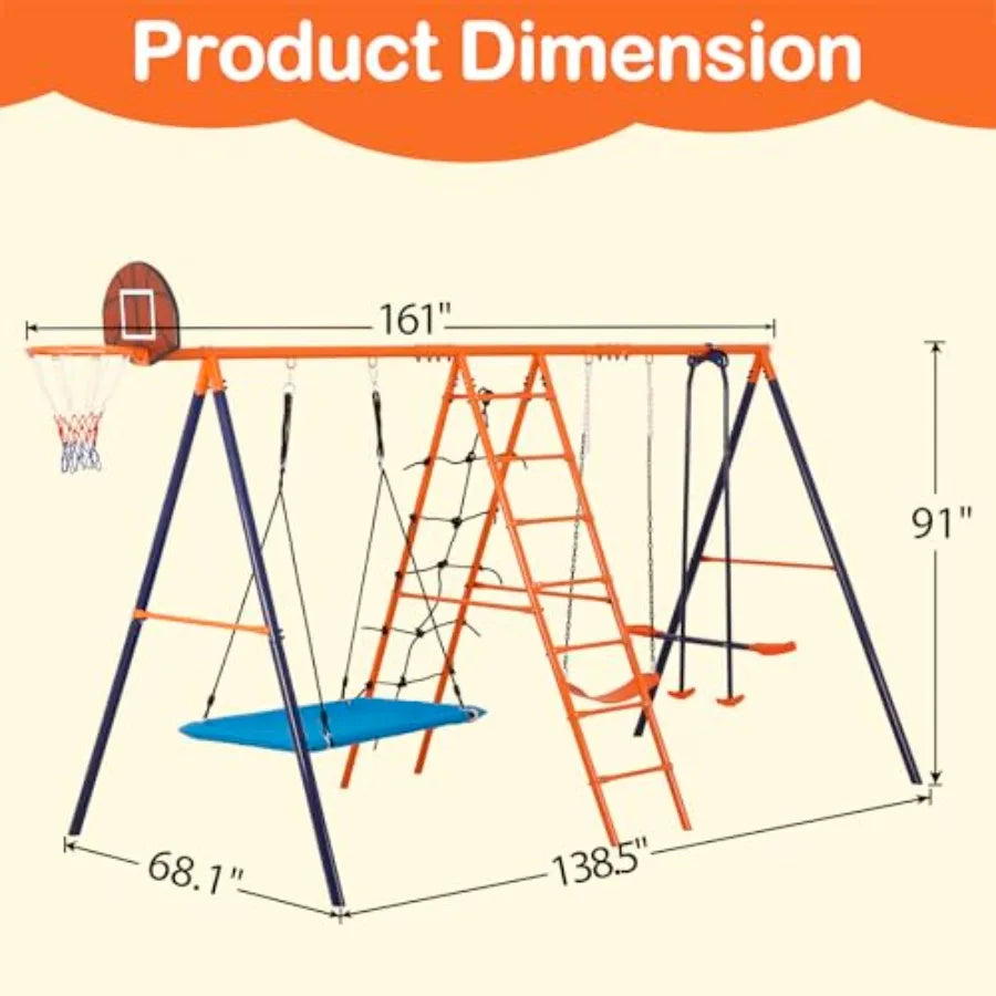 Outdoor Metal Swing Set For Kids With Swings And Trapeze