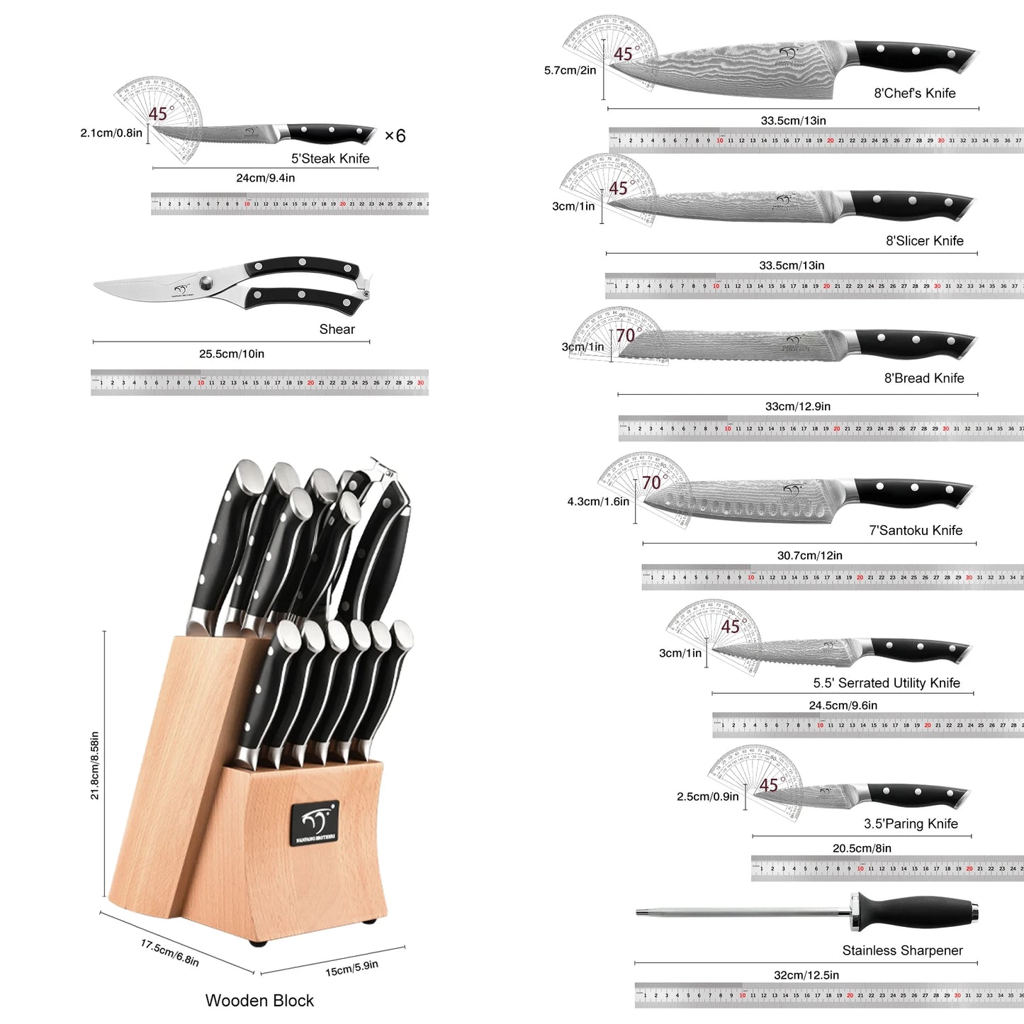 Professional VG10 Damascus Kitchen Knife Set with Block &amp; Sharpening Rod