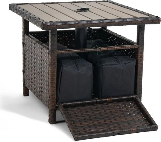 Wicker Patio Umbrella Stand With Side Table And Weight Bags