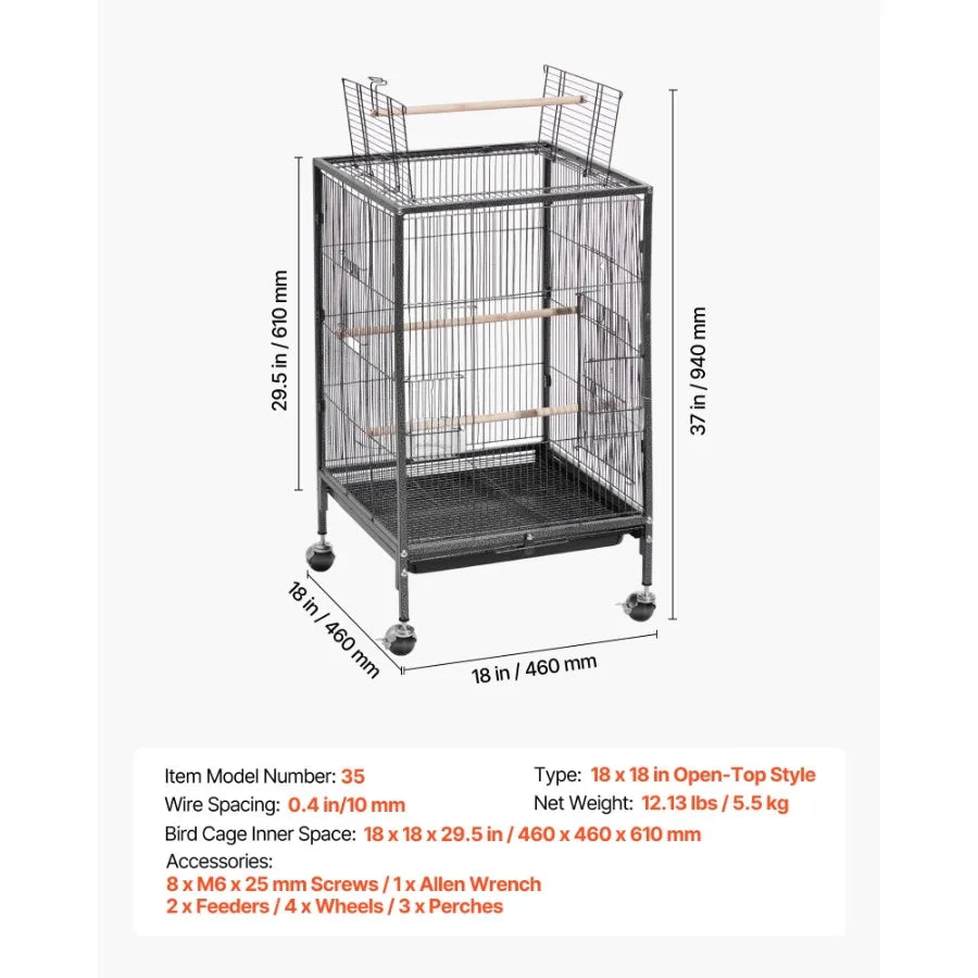 Flat Top Open Wrought Iron Bird Cage With Perches Tray