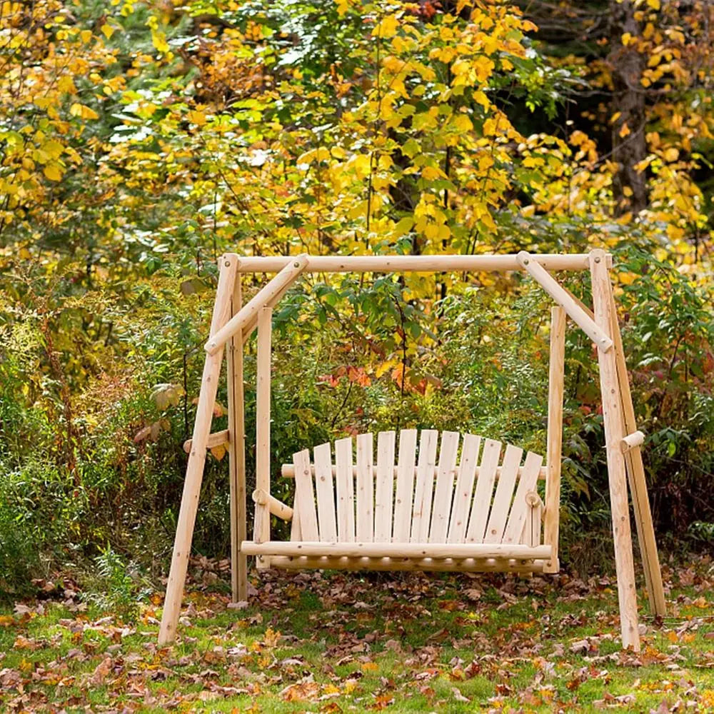 Natural Wood A-Frame Porch Swing with 2-Person Bench