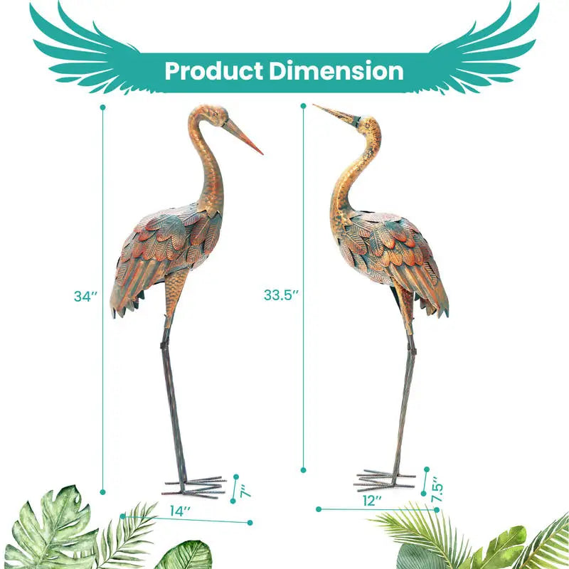 Set of 2 Patina Metal Crane Garden Statues with Ground Stakes