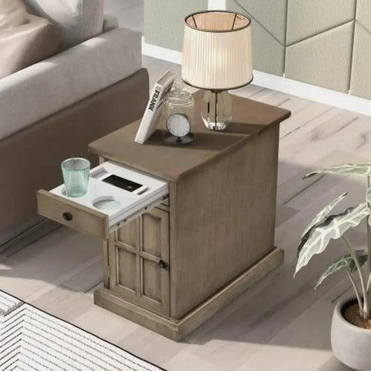 Vintage Wooden End Table With USB Ports And Cup Holders