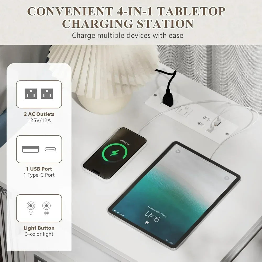 Nightstand With Charging Station And LED Lighted Drawers