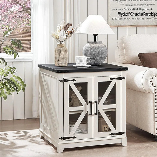 Farmhouse Cottage Side Table With Charging Port And Barn Door