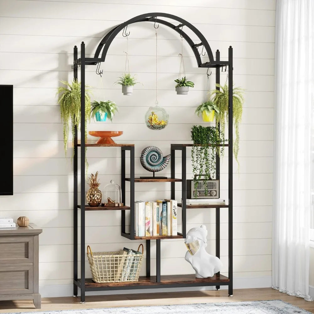 Arched Metal Five Tier Plant Stand With Hooks For Indoor