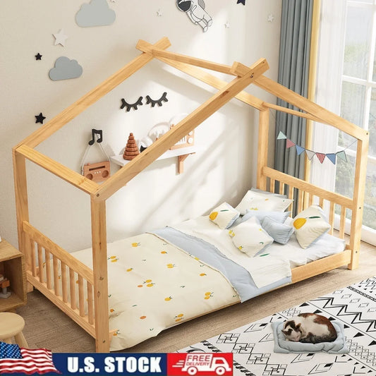 Wood House Shaped Twin Platform Bed for Kids Safe Sleeping