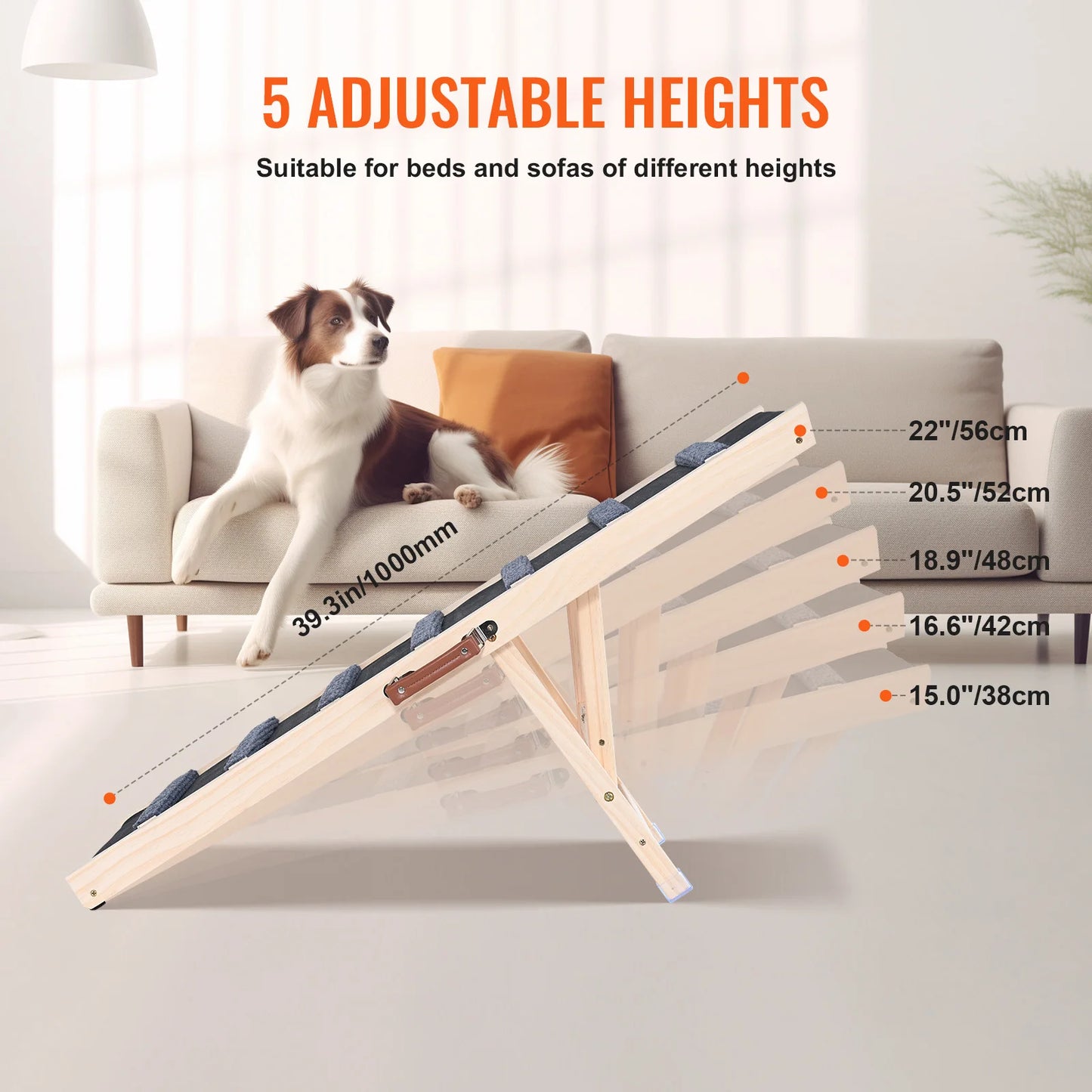 Adjustable Folding Wooden Dog Ramp for Beds, Sofas and Vehicles