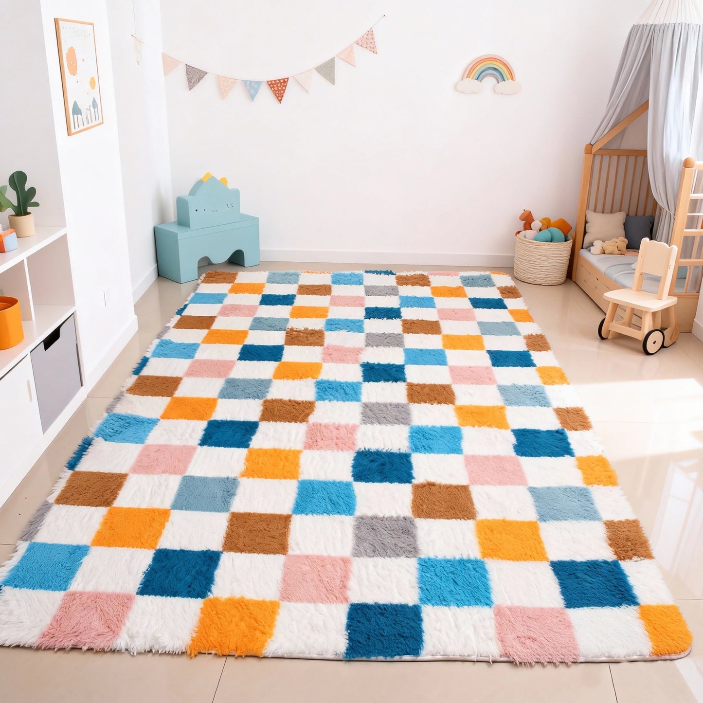 Checkered Shag Rug for Living Room Non Slip High Pile