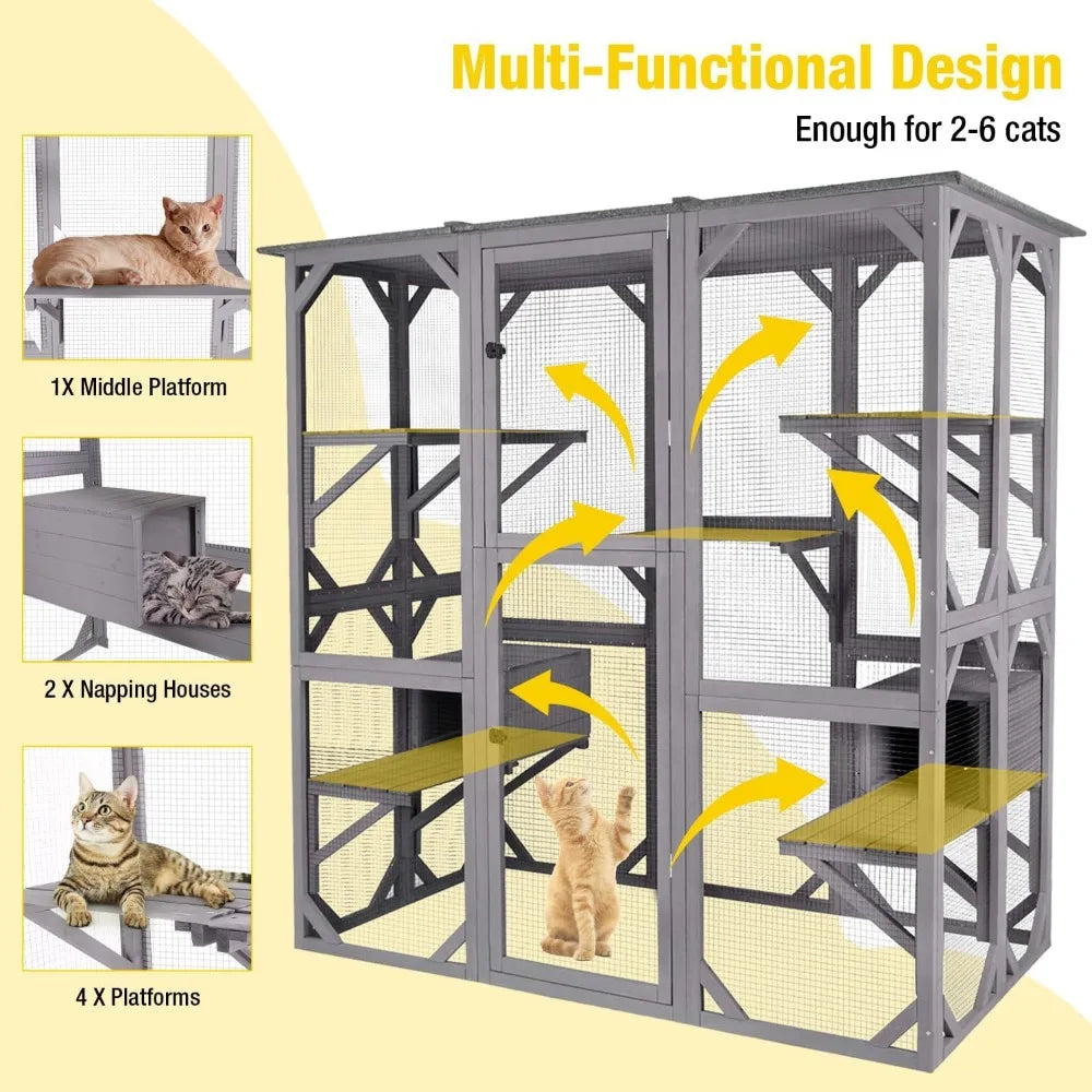 Outdoor Wooden Catio Enclosure For Multiple Cats With Roof