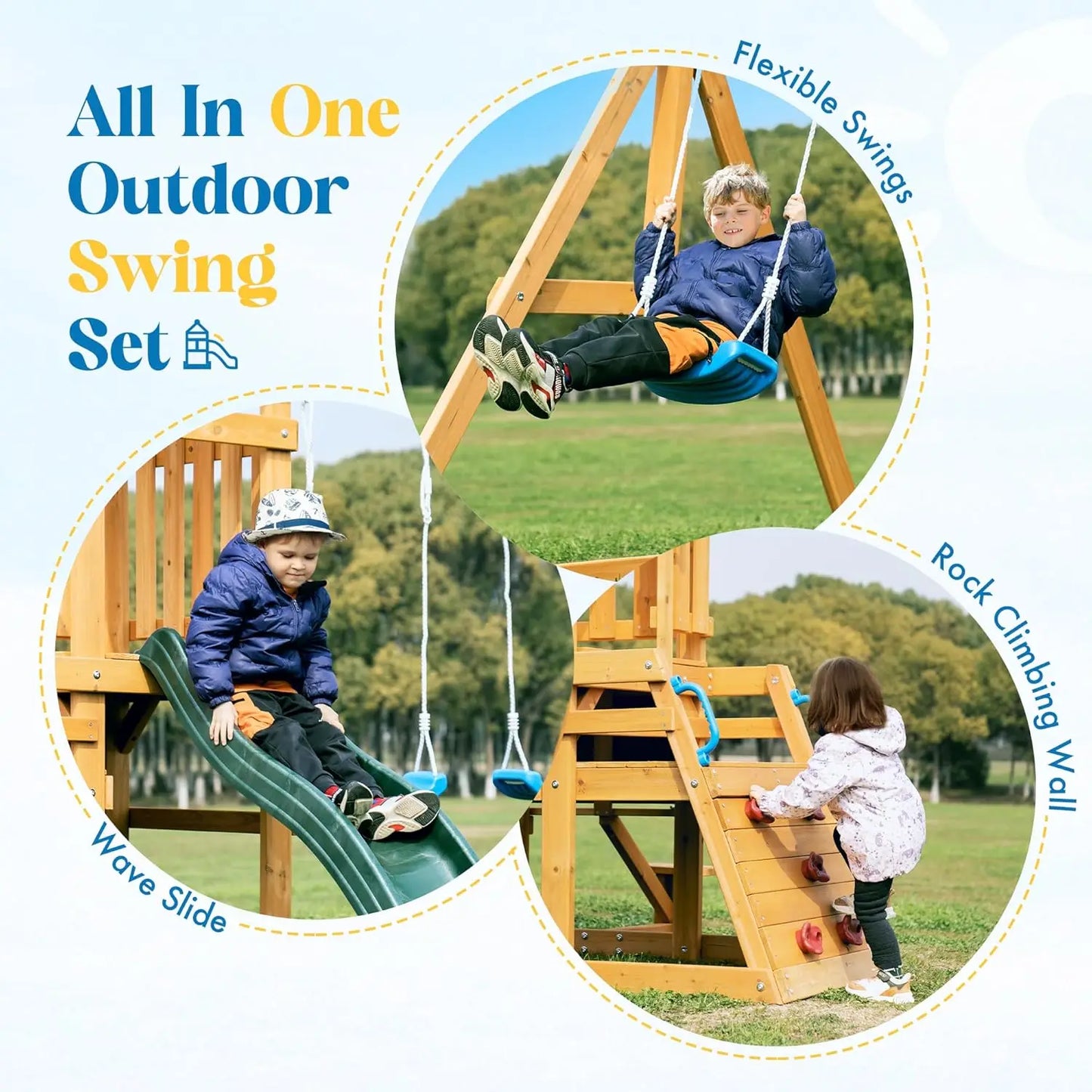 Robotime Robud Wooden Swing Set With Dual Swings Slide Chalkboard