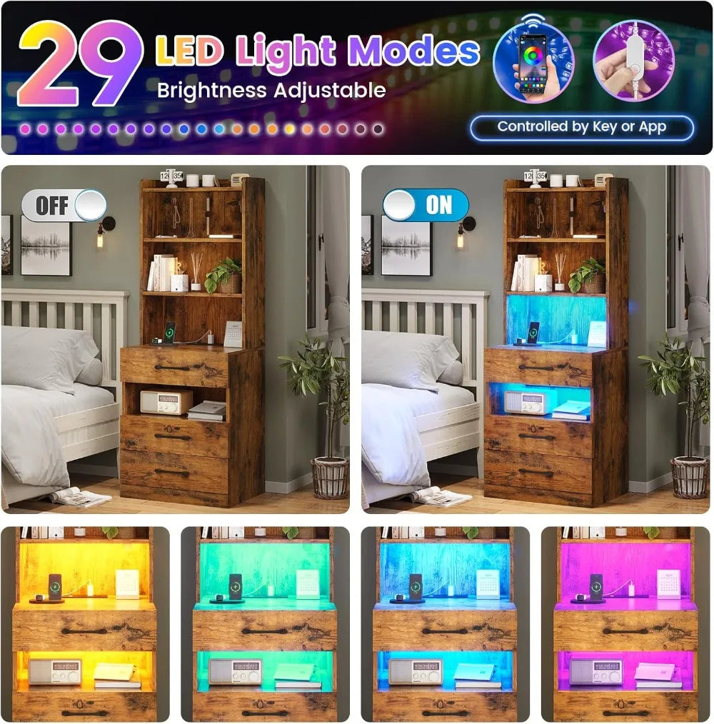 Tall Nightstand Set Of Two With LED Lights And Charging