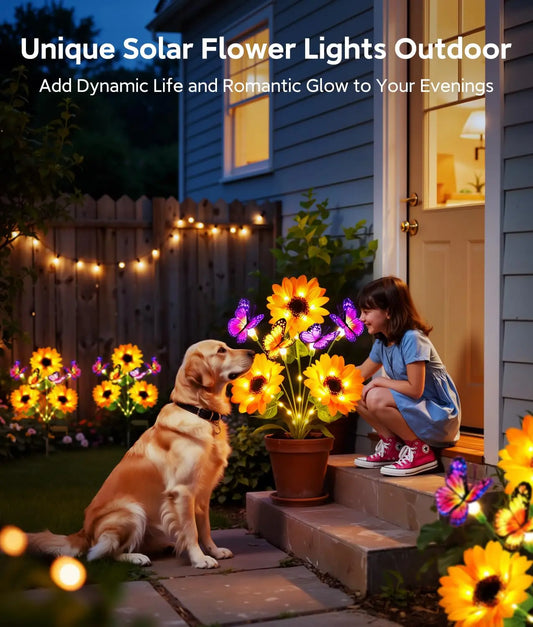 Solar Sunflower Garden Lights With Butterfly Decor For Outdoor Landscapes