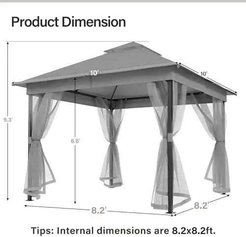 10' x 10' Steel Frame Patio Gazebo with Double Roof &amp; Mesh Netting