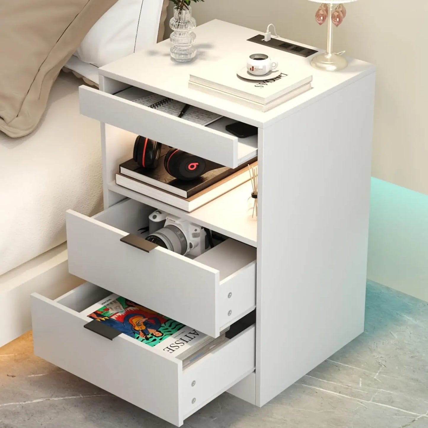 LED Nightstand With Charging Station and Drawer Storage
