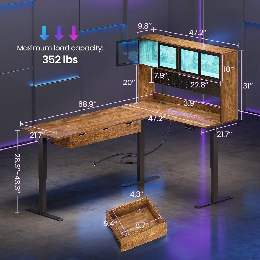 Standing L Shaped Gaming Desk With Pegboard And LED Light